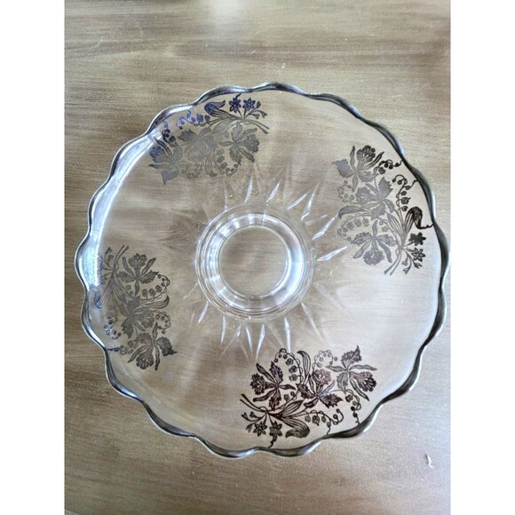 Vintage Footed Glass Serving Plate Sterling Silver Overlay Floral Etched 10" - Picture 1 of 6